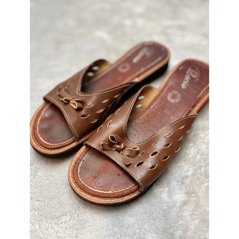 Vintage Rocio Womens Huarache Sandals US 9 Mex 26 Brown Leather Bow Cutout Flats